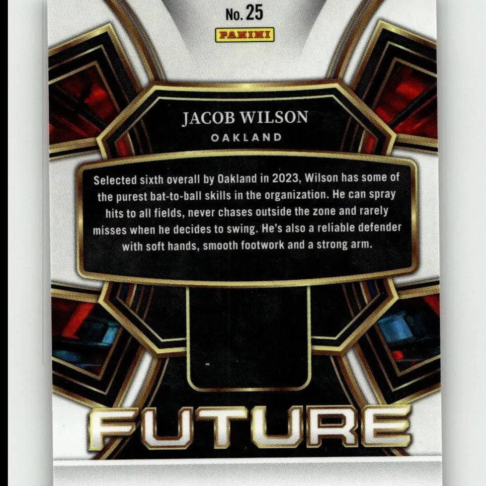 This is a 2024 panini select #25 jacob wilson select future baseball card with an ornate black and gold design
