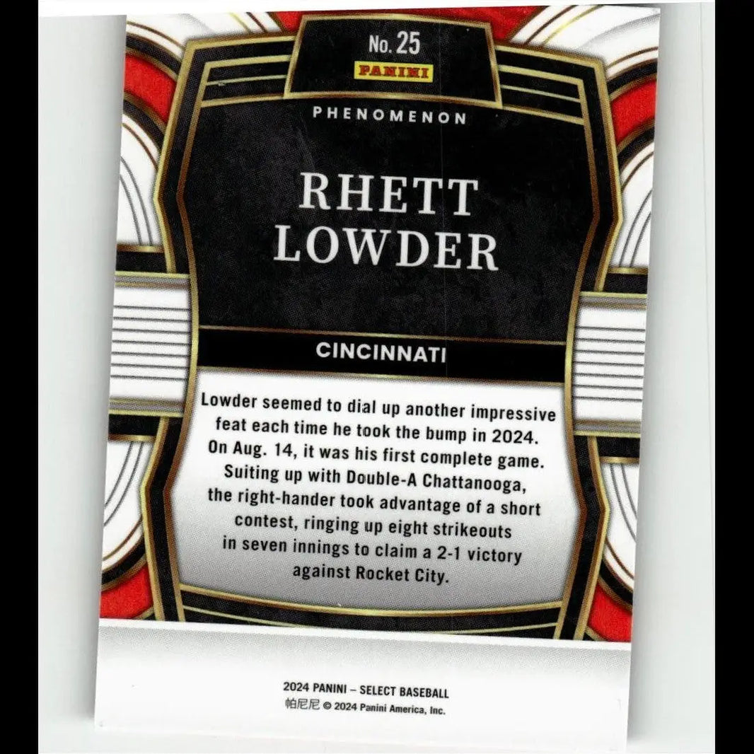 Black and gold-bordered panini select baseball trading card featuring rhett lowder phenomenon from cincinnati 2024
