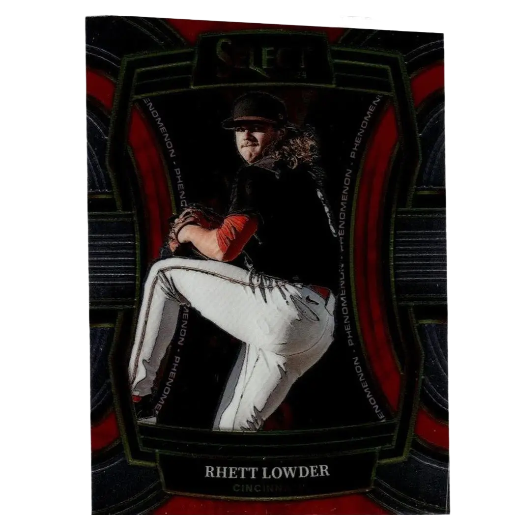 Black and red 2024 panini select #25 rhett lowder phenomenon baseball card featuring rhett lowder in pitching stance