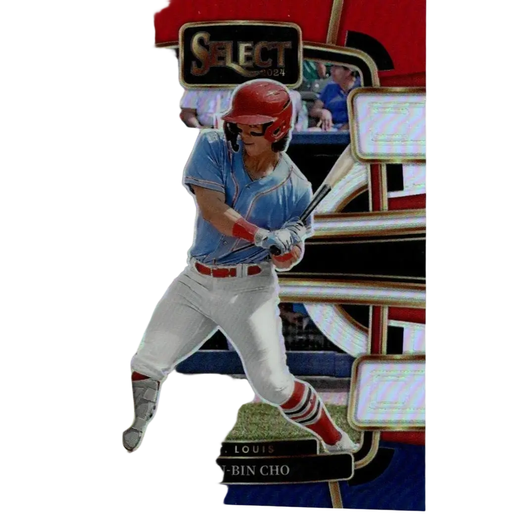 Red helmeted baseball player in a light blue jersey and white pants, captured mid-swing on a glossy trading card with gold trim.