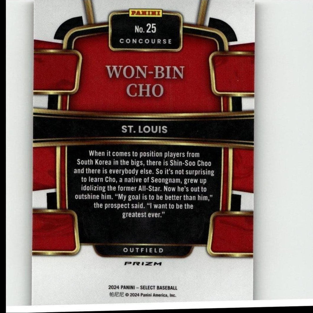 Red and black baseball trading card with gold trim, featuring player won-bin cho from st.