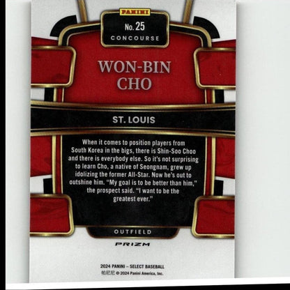 Red and black baseball trading card with gold trim, featuring player won-bin cho from st.