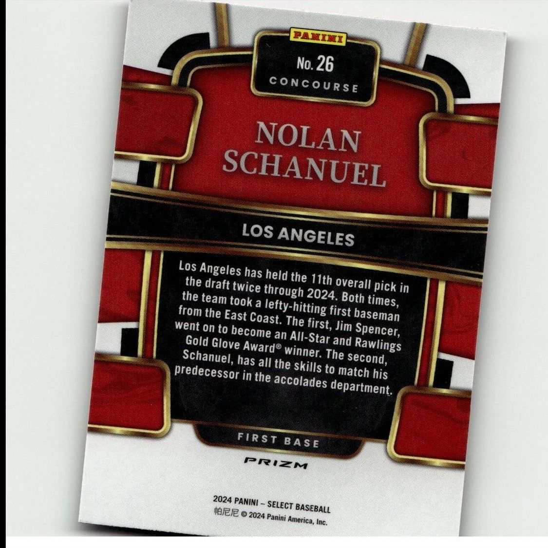 Red and black panini concourse baseball trading card featuring nolan schanuel, with gold accents and a prizm finish.