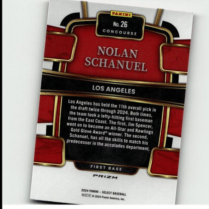 Red and black panini concourse baseball trading card featuring nolan schanuel, with gold accents and a prizm finish.