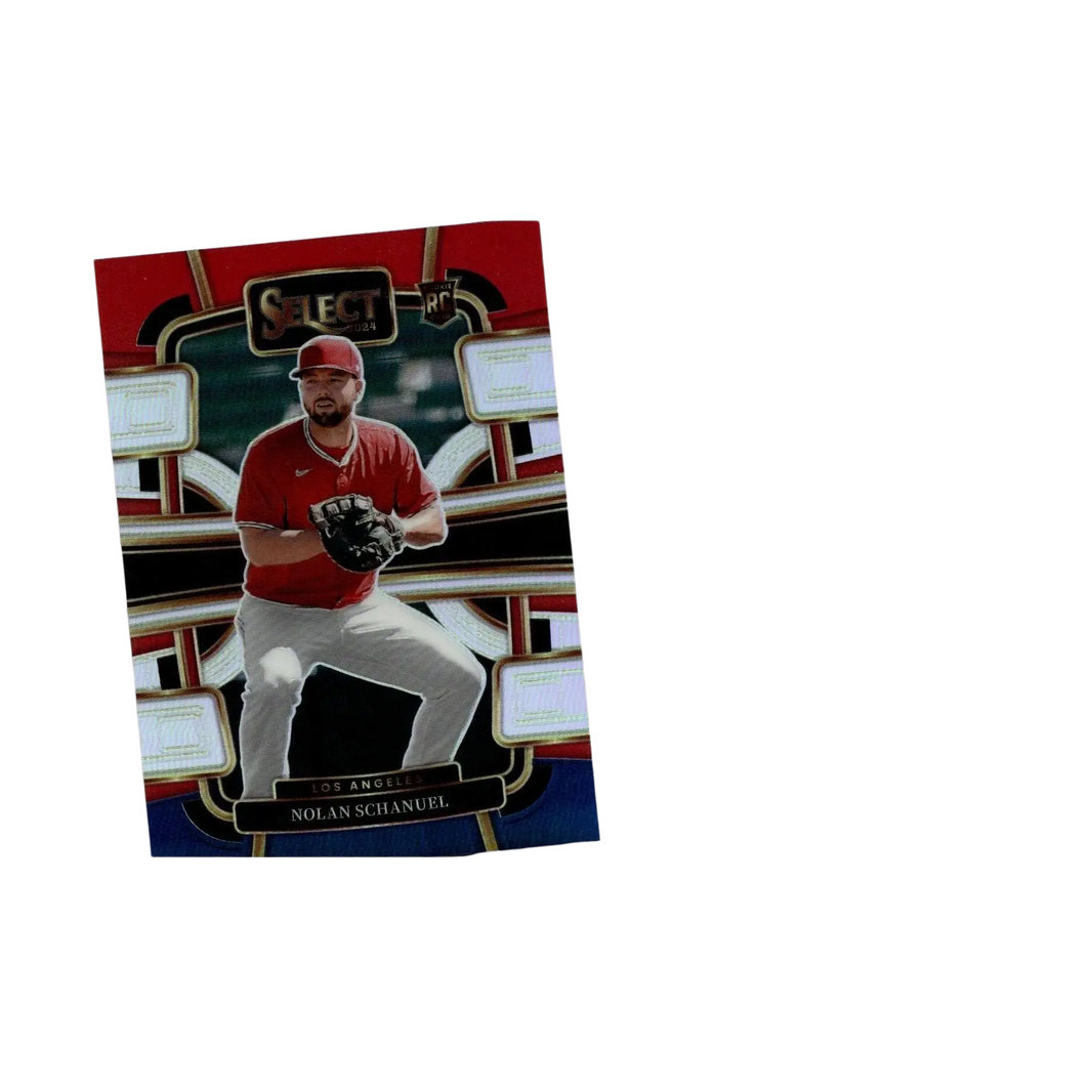 Red and black baseball trading card featuring nolan schanuel in a red jersey, white pants, and cap.