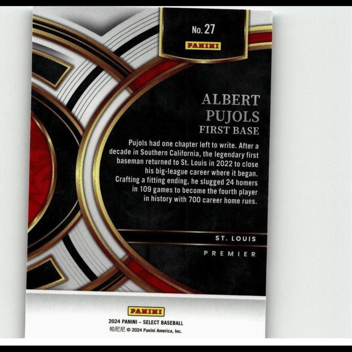 Black and red panini baseball trading card featuring albert pujols, first base.