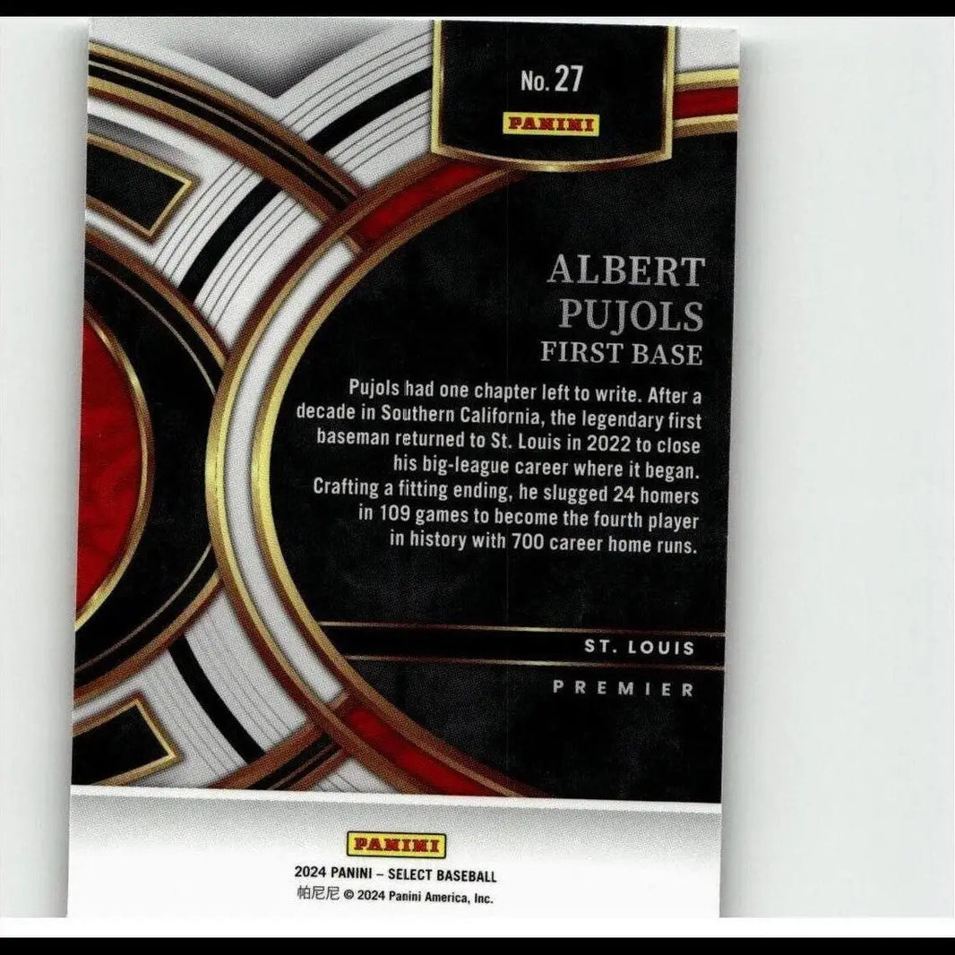 Black and red panini baseball trading card featuring albert pujols, first base.