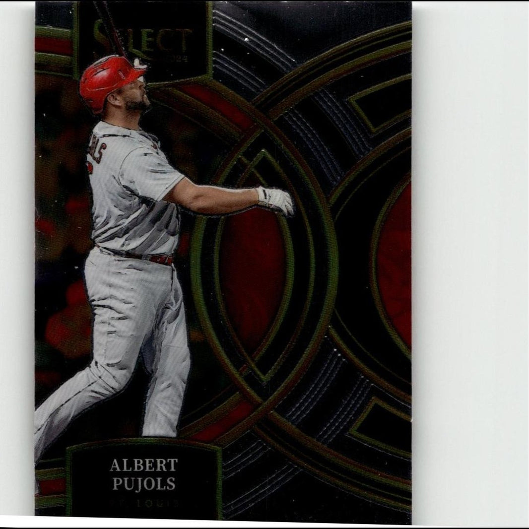 Red helmeted baseball player in gray uniform on a black and red geometric card.