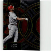 Red helmeted baseball player in gray uniform on a black and red geometric card.