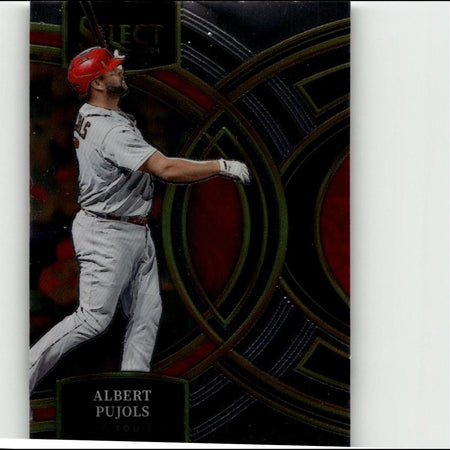 Red helmeted baseball player in gray uniform on a black and red geometric card.