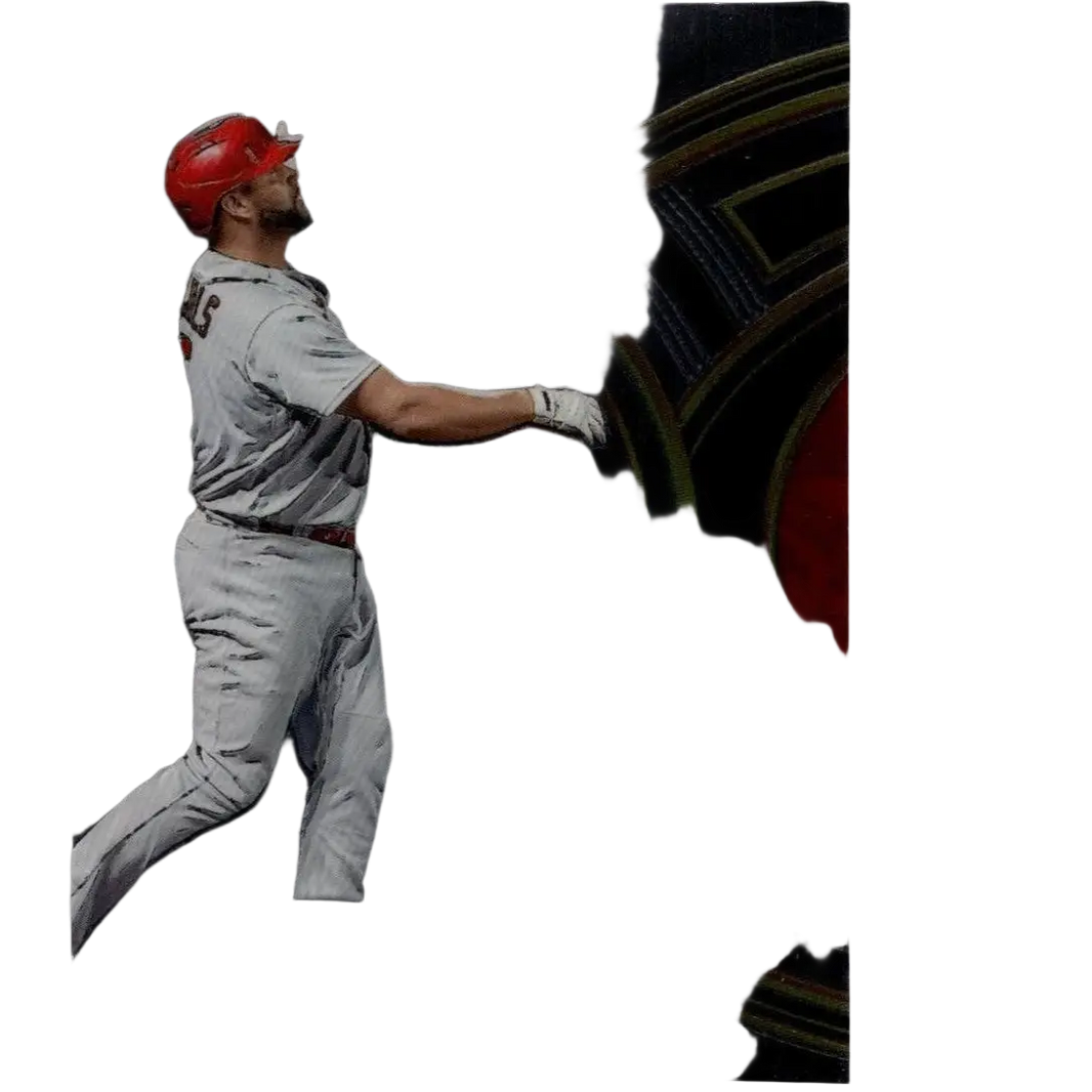 Red helmeted baseball player in gray uniform on a black and red geometric card.