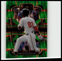 Green and black holographic baseball trading card featuring enrique bradfield jr 2024 panini select green flash prizms