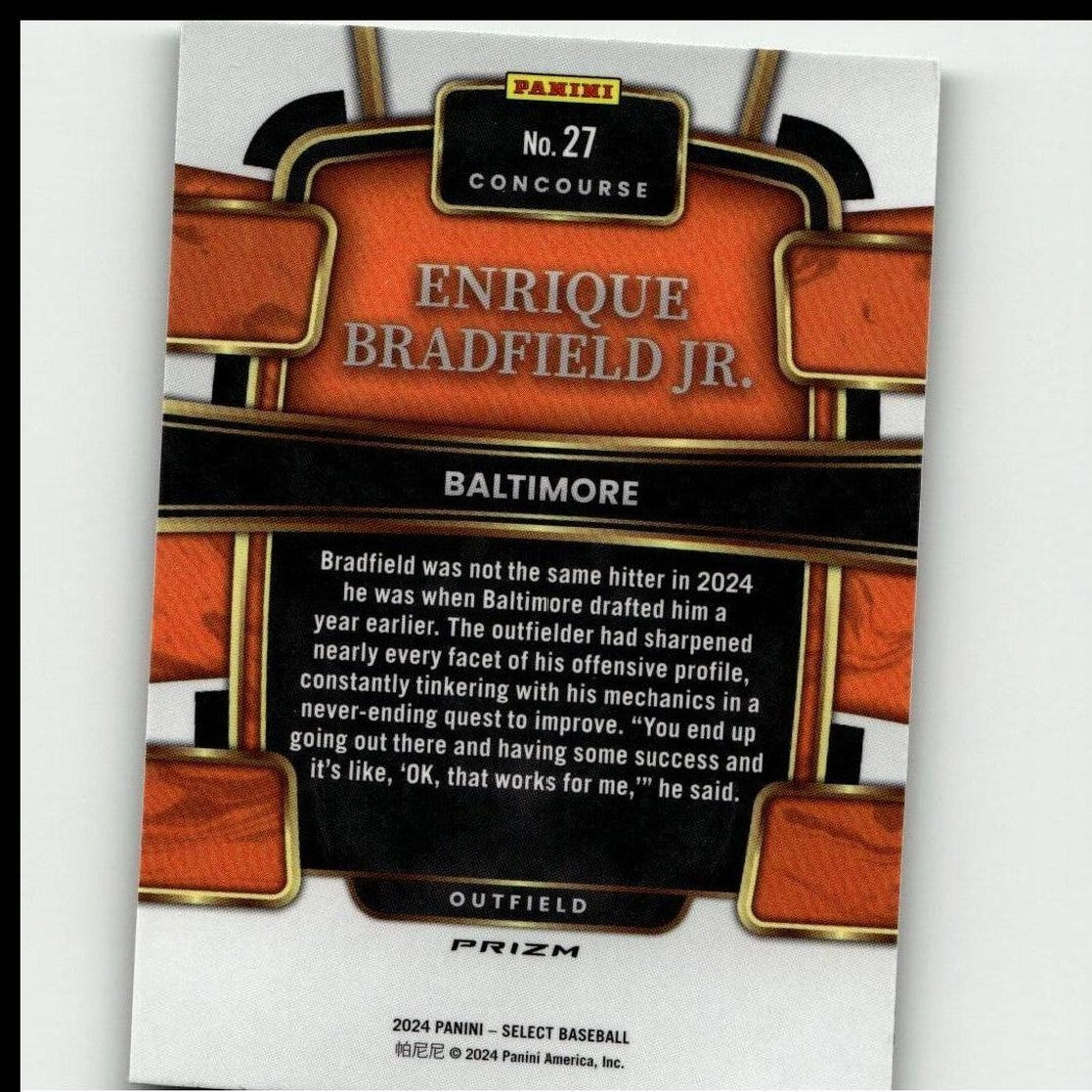 Orange and black baseball trading card featuring enrique bradfield jr.