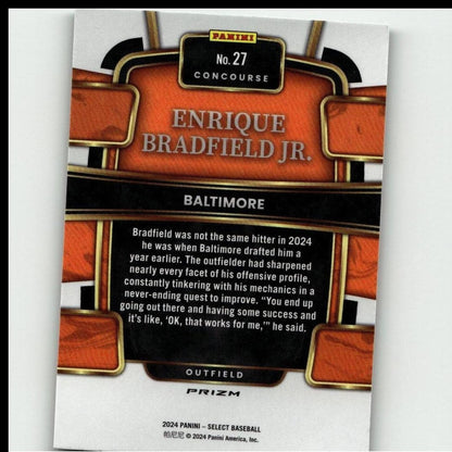Orange and black baseball trading card featuring enrique bradfield jr.