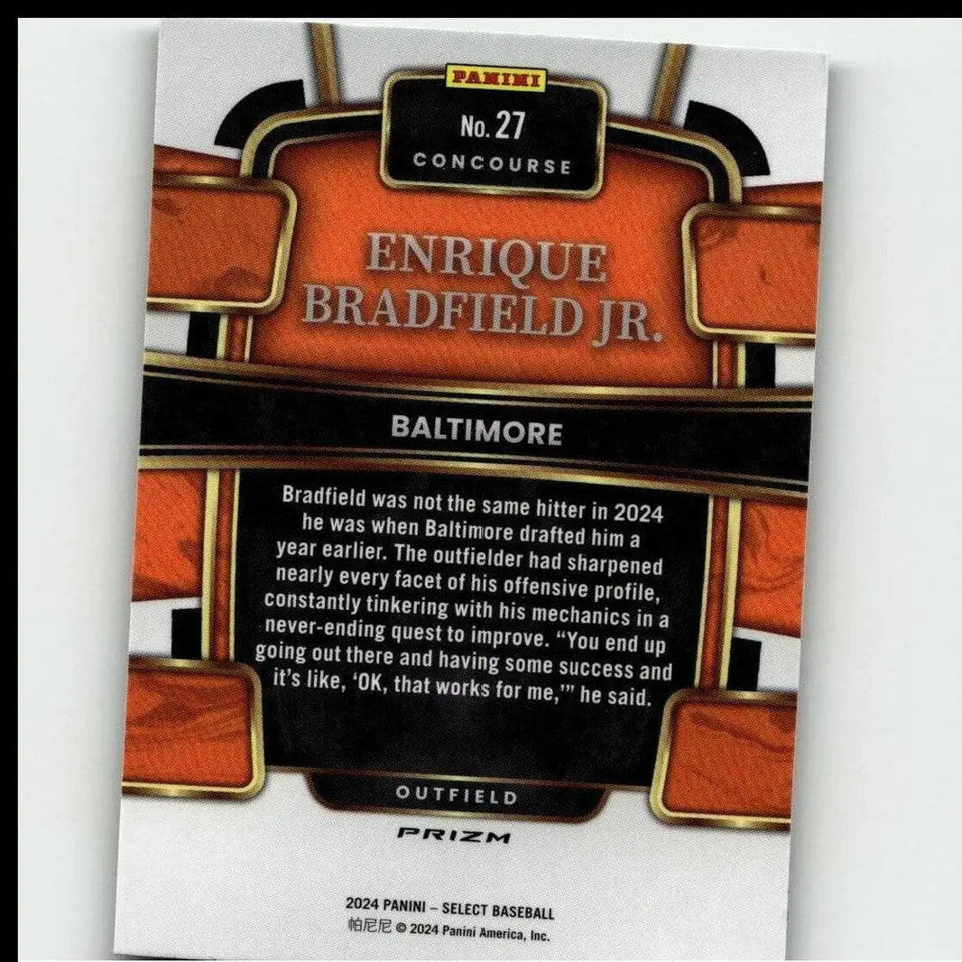 Orange and black baseball trading card featuring enrique bradfield jr.