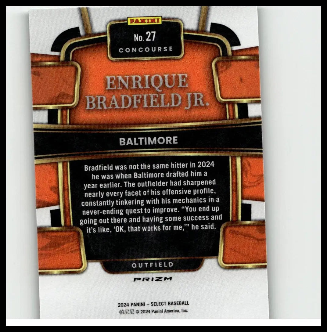 Orange and black 2024 panini select green flash prizms baseball card featuring enrique bradfield jr