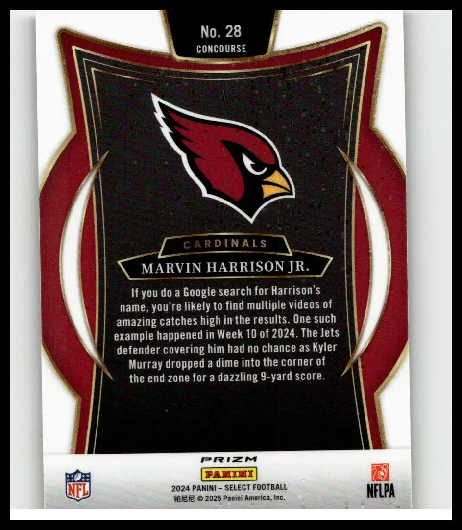 Black and red arizona cardinals football trading card with gold-trimmed shield and cardinal logo from 2024 panini select red prizm shock marvin harrison