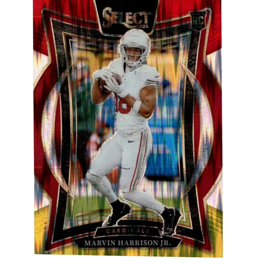 White football trading card featuring marvin harrison jr with yellow prizm shock from 2024 panini select #28