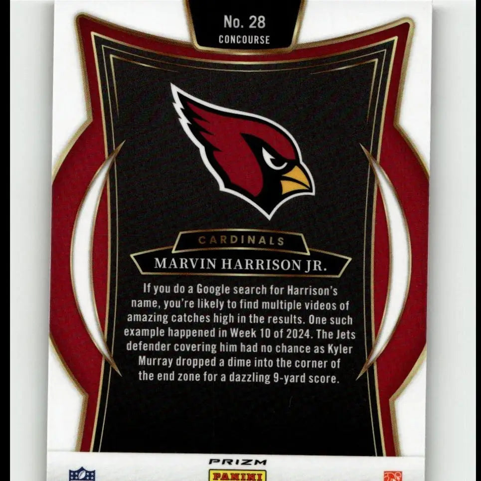Red and black arizona cardinals football trading card featuring marvin harrison jr yellow prizm shock panini select label