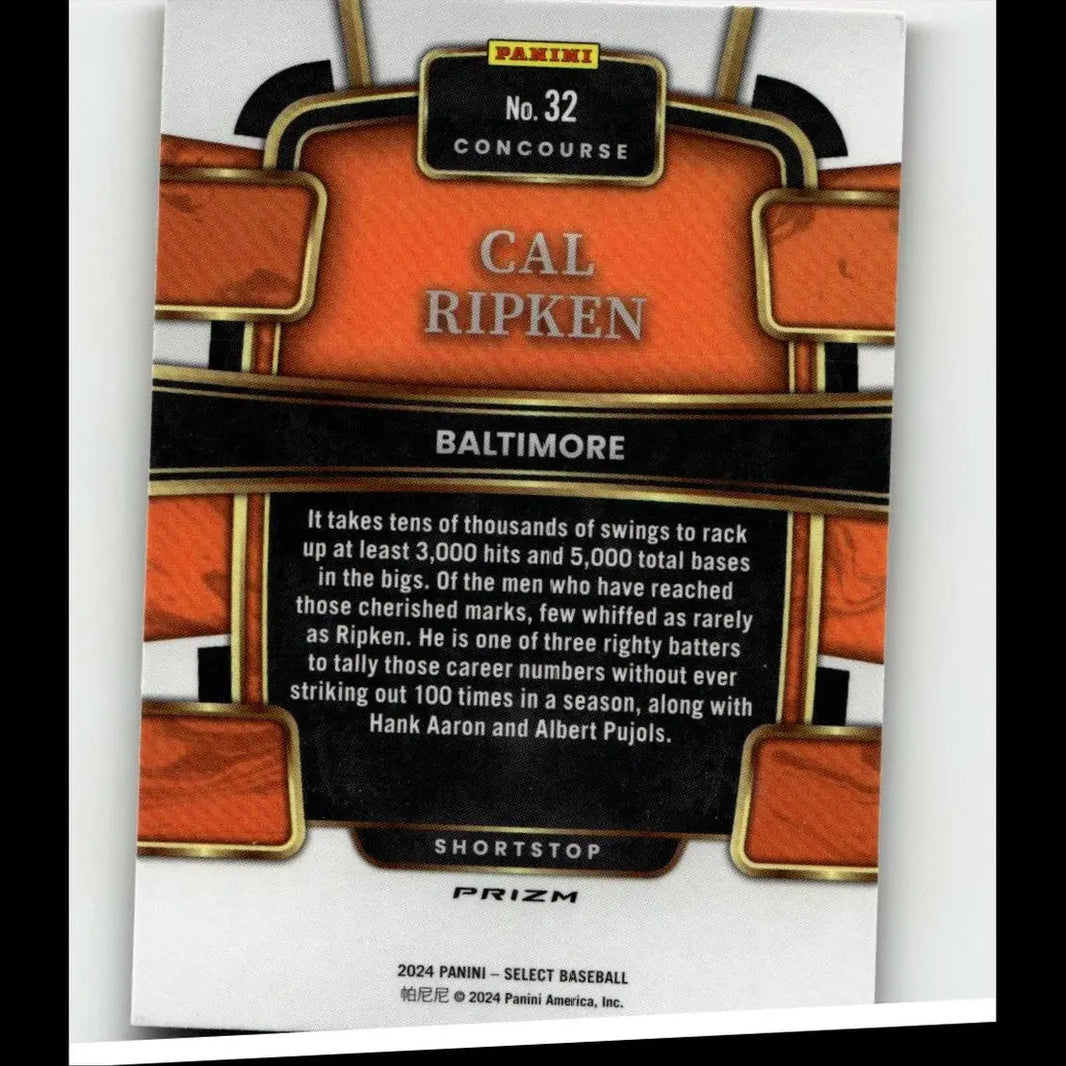Orange and black panini select baseball card featuring cal ripken red and blue prizms shortstop for baltimore