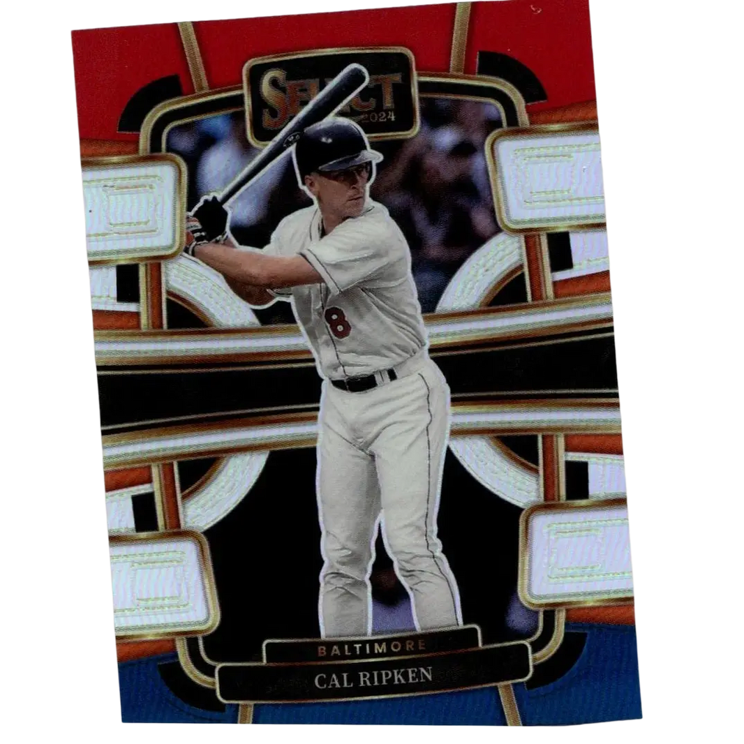 A glossy red black and gold 2024 panini select #32 cal ripken red and blue prizms baseball trading card