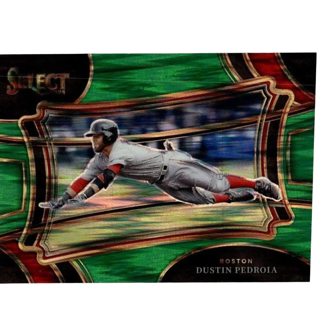 A vibrant green and red framed 2024 panini select #33 dustin pedroia green flash prizms baseball card mid-slide