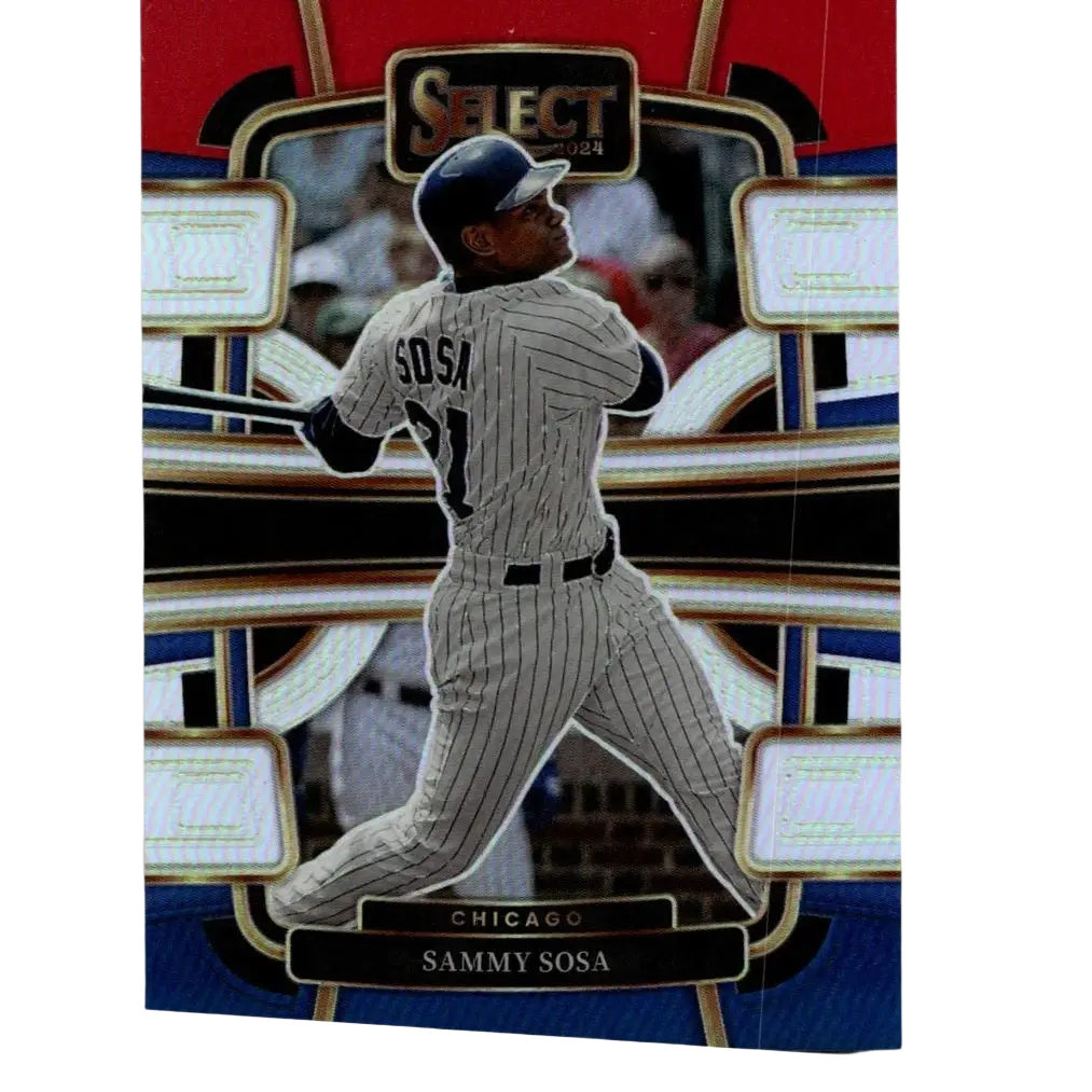 A glossy 2024 panini select baseball trading card featuring sammy sosa red in blue prizms silver design