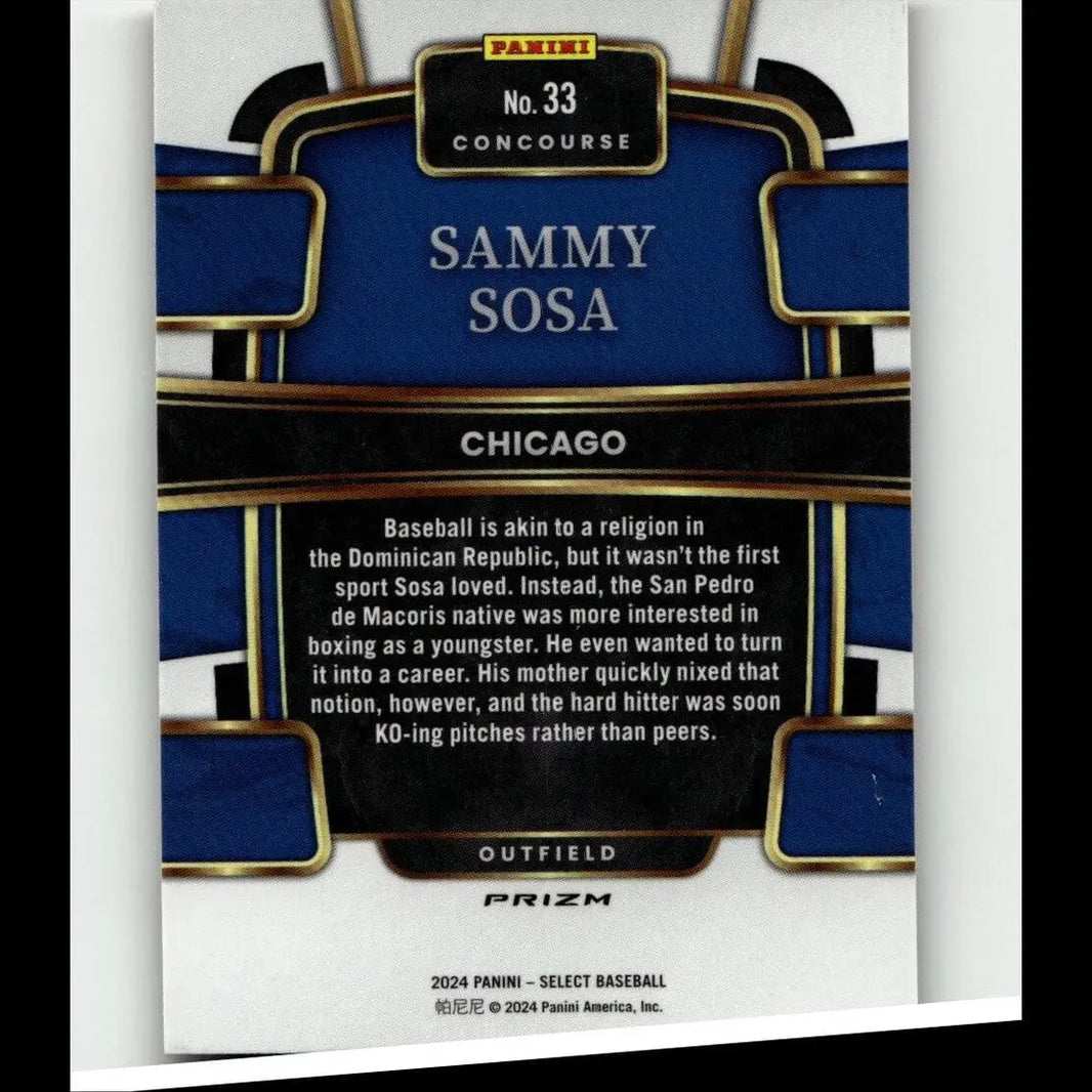 Blue and black baseball trading card with gold trim featuring sammy sosa red from 2024 panini select blue prizms series