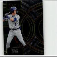 Black and gold baseball trading card featuring colin houck in a gray uniform with blue helmet, number 9.