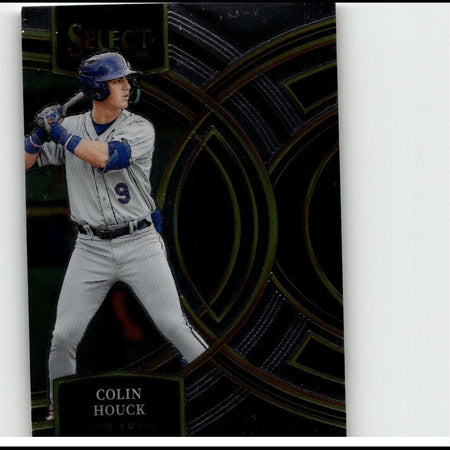 Black and gold baseball trading card featuring colin houck in a gray uniform with blue helmet, number 9.
