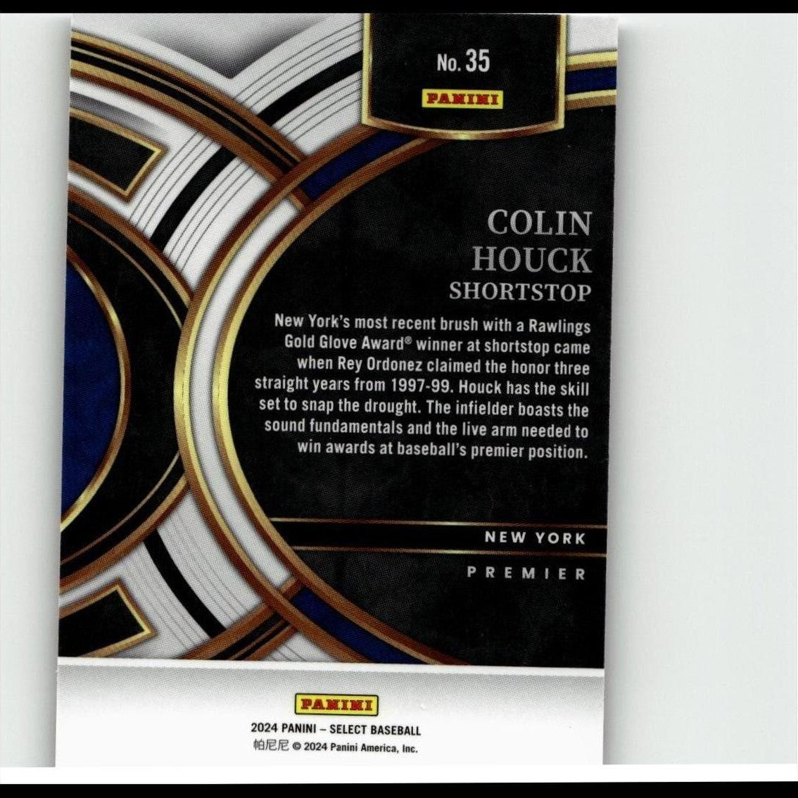 Black and gold panini baseball trading card featuring colin houck, shortstop for new york.