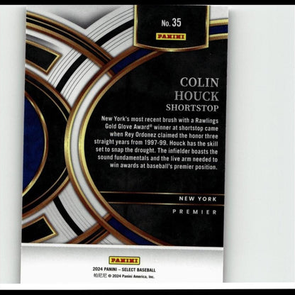 Black and gold panini baseball trading card featuring colin houck, shortstop for new york.