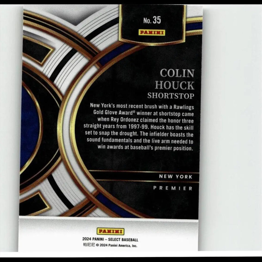 Black and gold panini baseball trading card featuring colin houck, shortstop for new york.