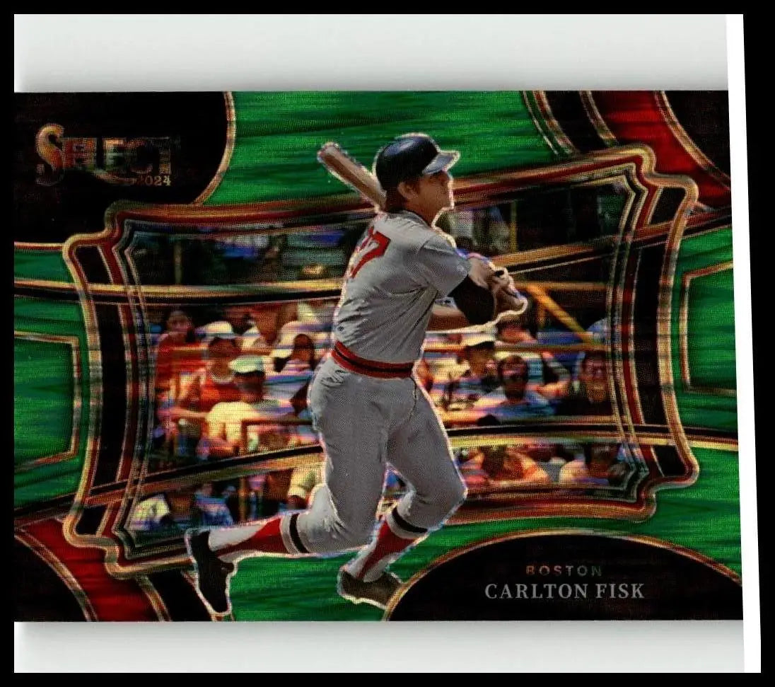 A glossy 2024 Panini Select #37 Carlton Fisk Green Flash Prizms baseball card featuring Fisk in gray Boston uniform mid-swing