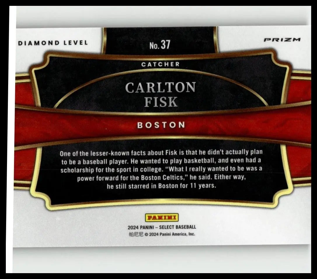Black and red baseball trading card with gold trim featuring Carlton Fisk as catcher in 2024 Panini Select Fisk Green Flash