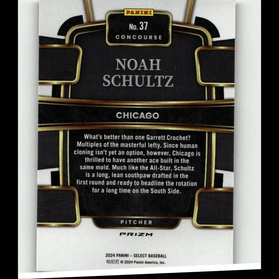 Black and gold panini select 2024 #37 noah schultz red and blue prizms baseball trading card featuring chicago pitcher
