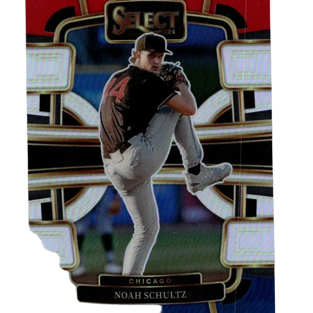 2024 panini select baseball trading card of noah schultz red in chicago uniform with blue prizms effect mid-pitch