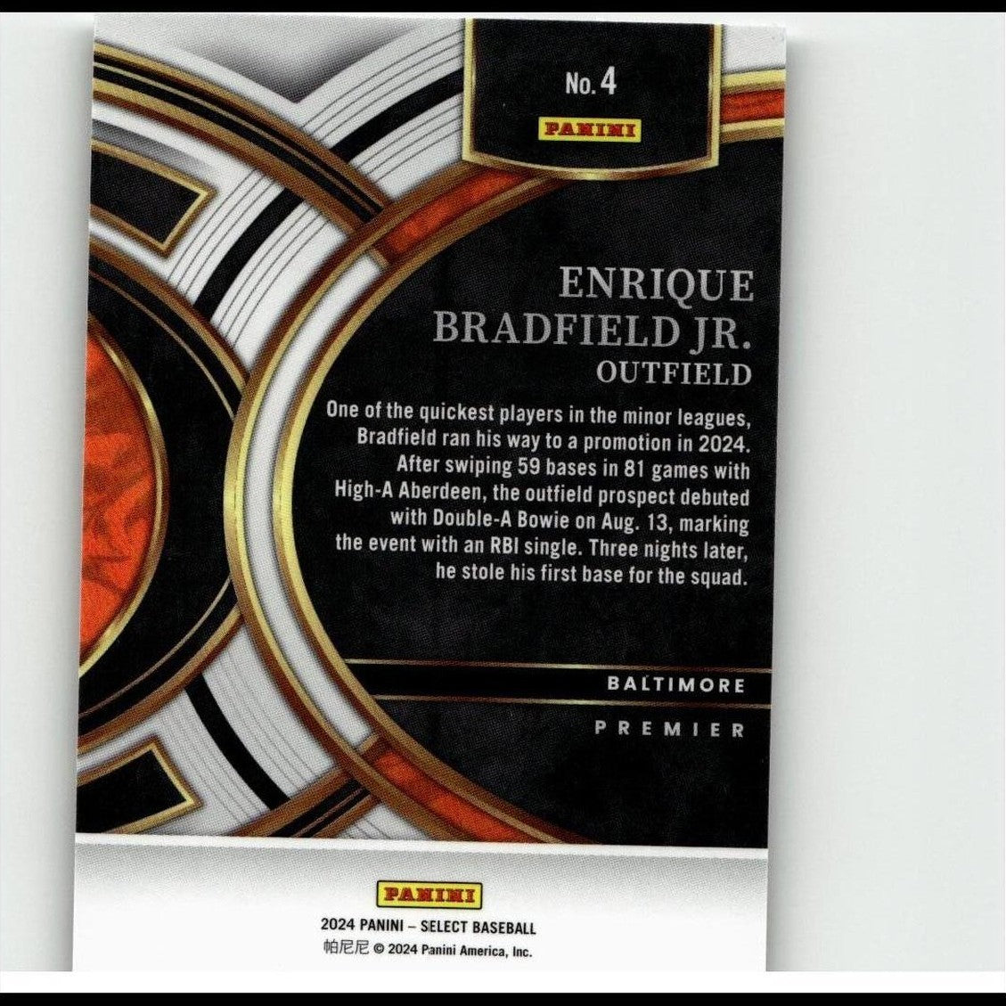 Black and gold panini 2024 select baseball trading card featuring enrique bradfield jr.