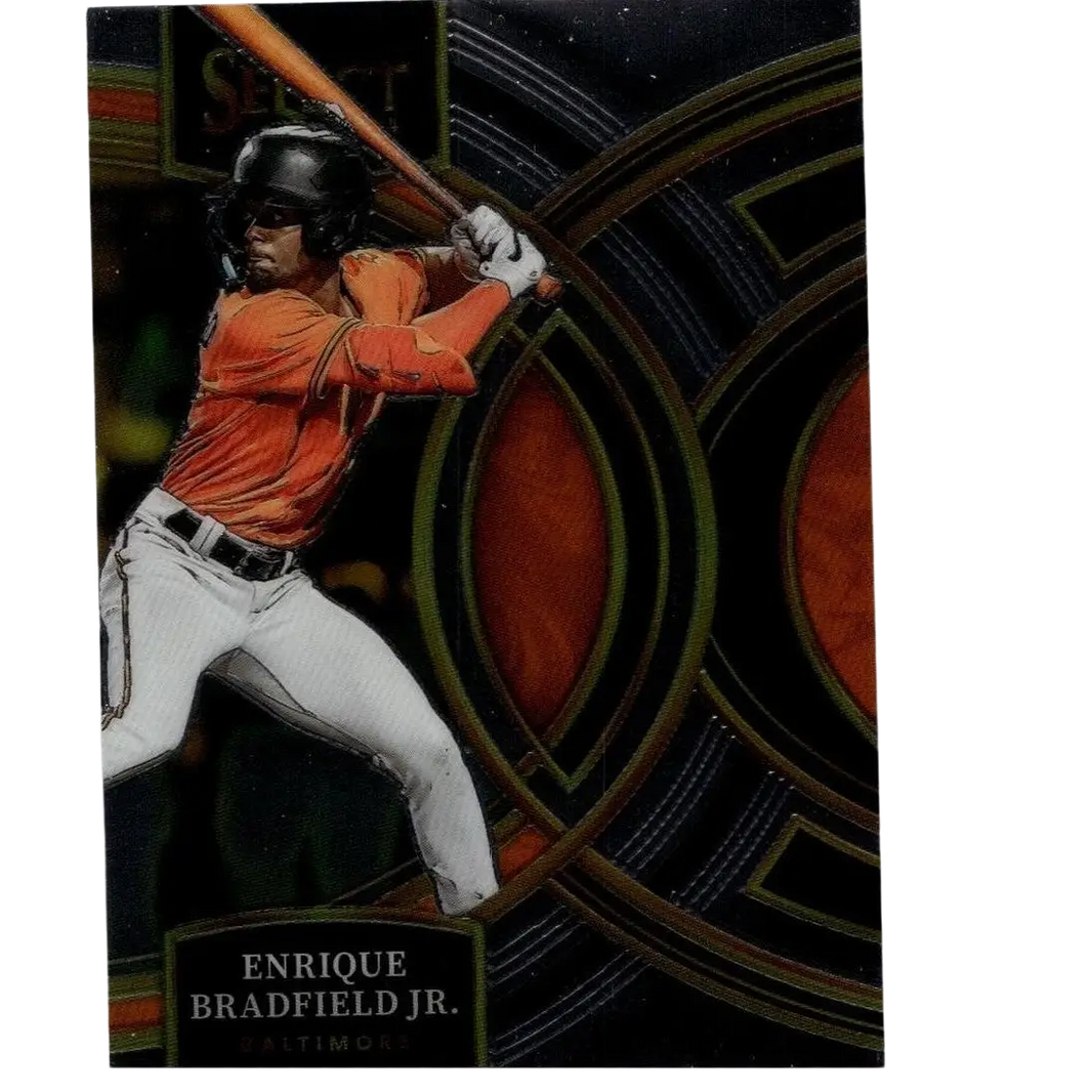 Orange and white baseball jersey with black helmet, worn by enrique bradfield jr.