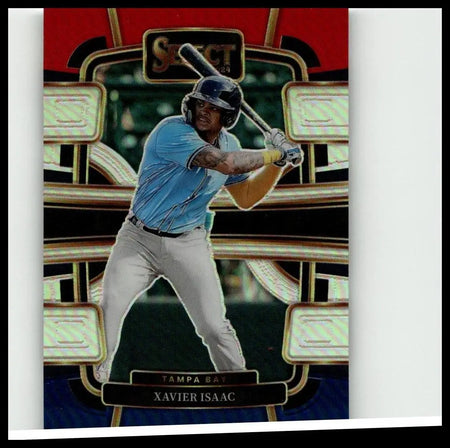 Blue and black panini select baseball trading card featuring xavier isaac red in a batting stance 2024 prizms