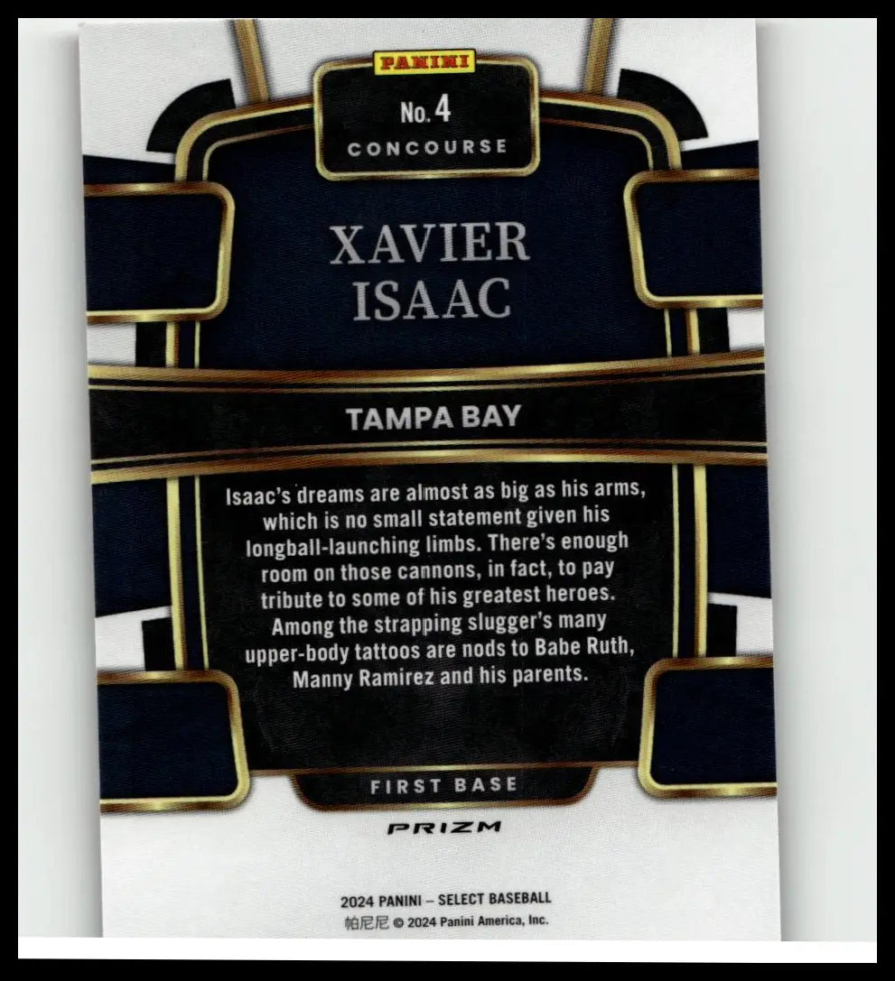 Black and gold panini select concourse baseball card featuring tampa bay first baseman xavier isaac red and blue prizms