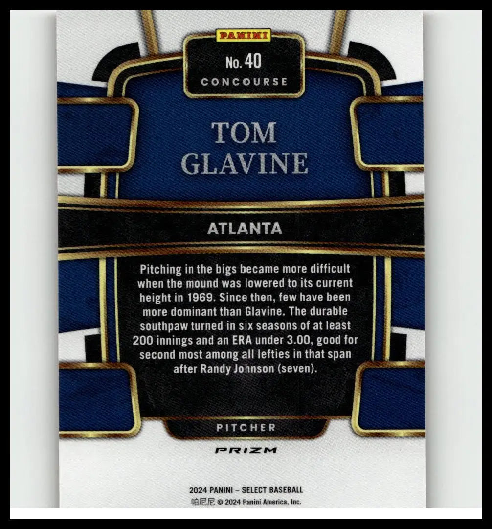 Blue and black 2024 panini select #40 tom glavine orange flash prizms baseball card with gold trim from atlanta