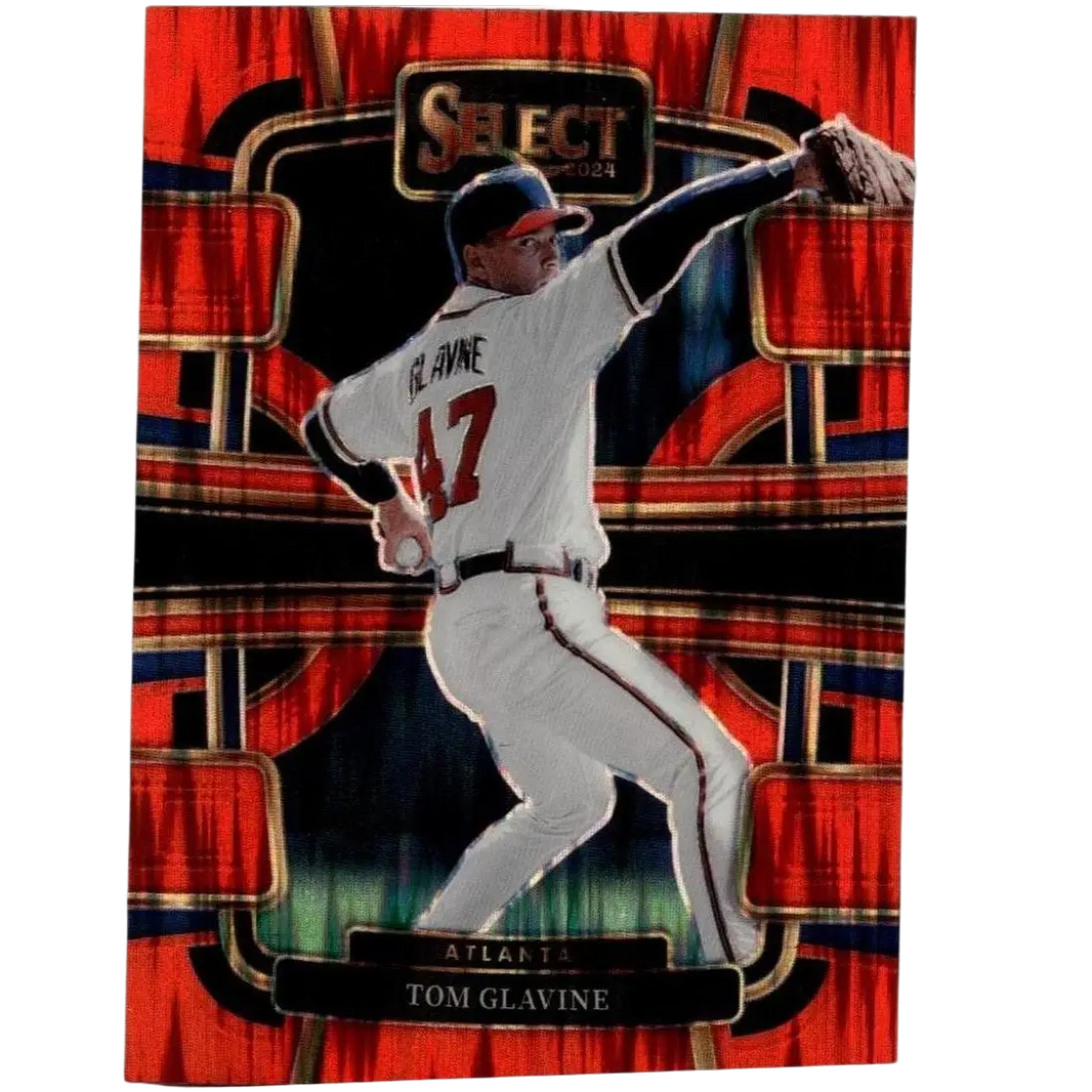 2024 panini select baseball card featuring tom glavine orange flash prizms with braves uniform and holographic background