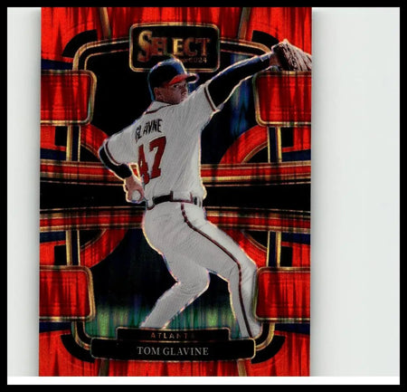 Red and black reflective 2024 panini select #40 tom glavine orange flash prizms baseball card in atlanta braves uniform