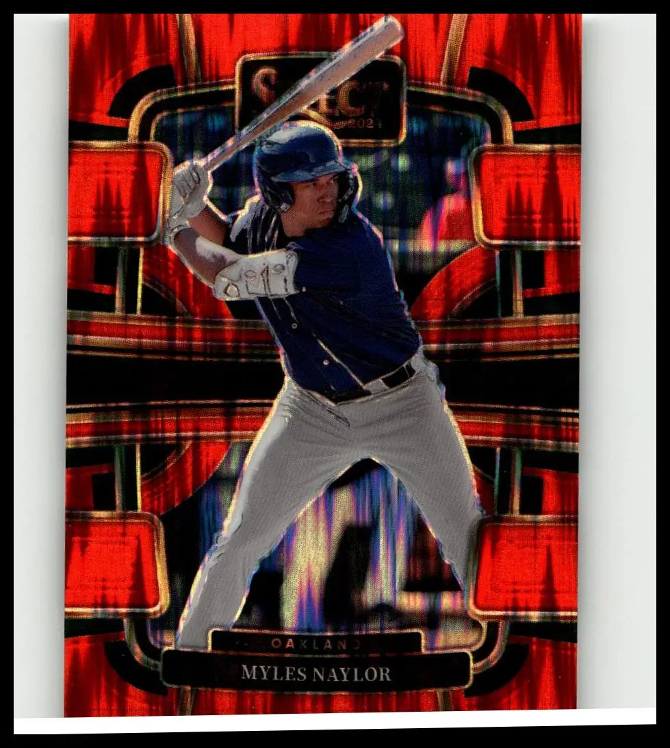 A 2024 panini select #41 myles naylor orange flash prizms baseball card showing myles naylor in blue uniform holding bat