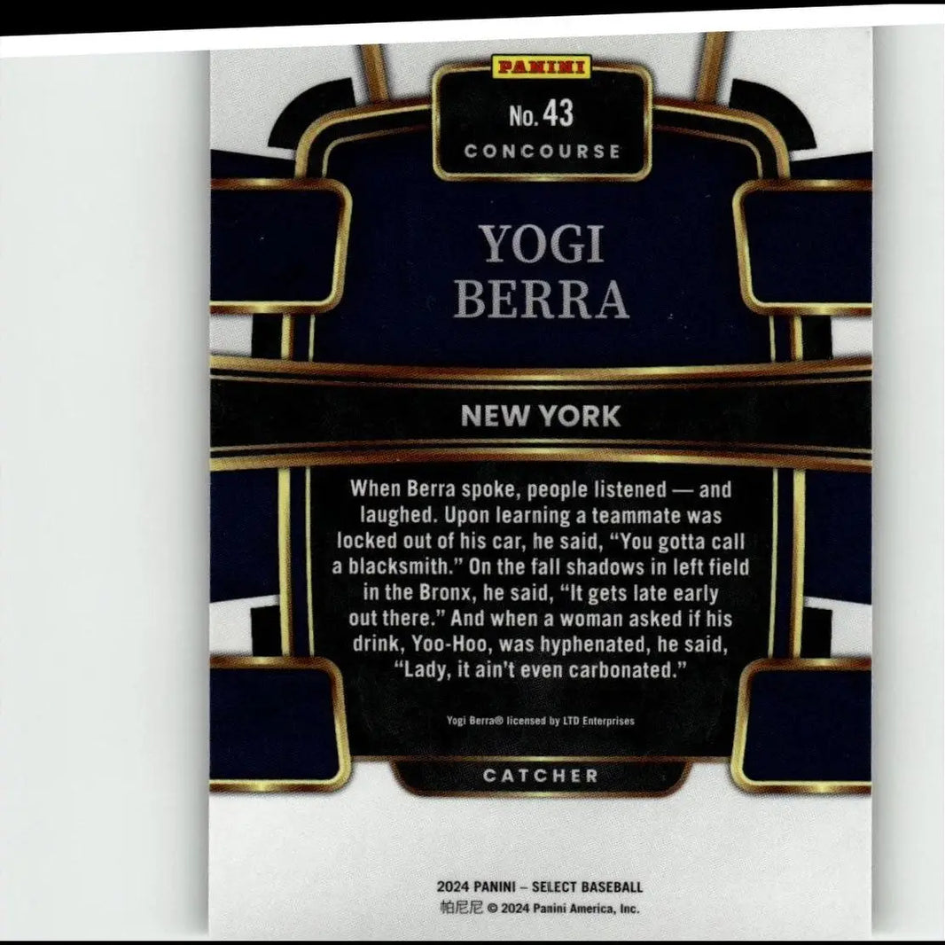 Dark navy blue and gold panini select baseball trading card featuring yogi berra with ornate geometric borders and white text