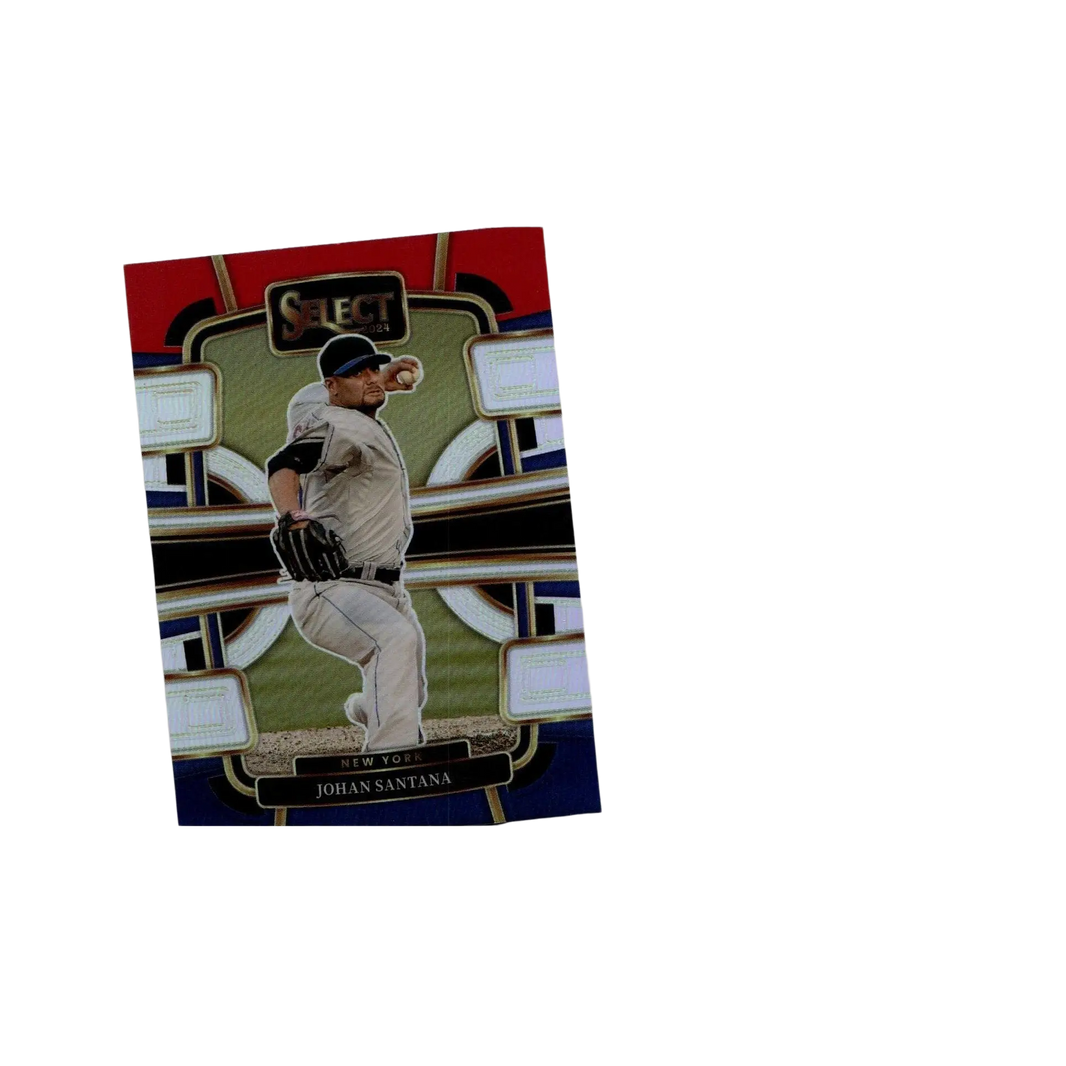 Glossy red and blue Panini Select baseball trading card featuring Johan Santana pitching with blue prizms accents