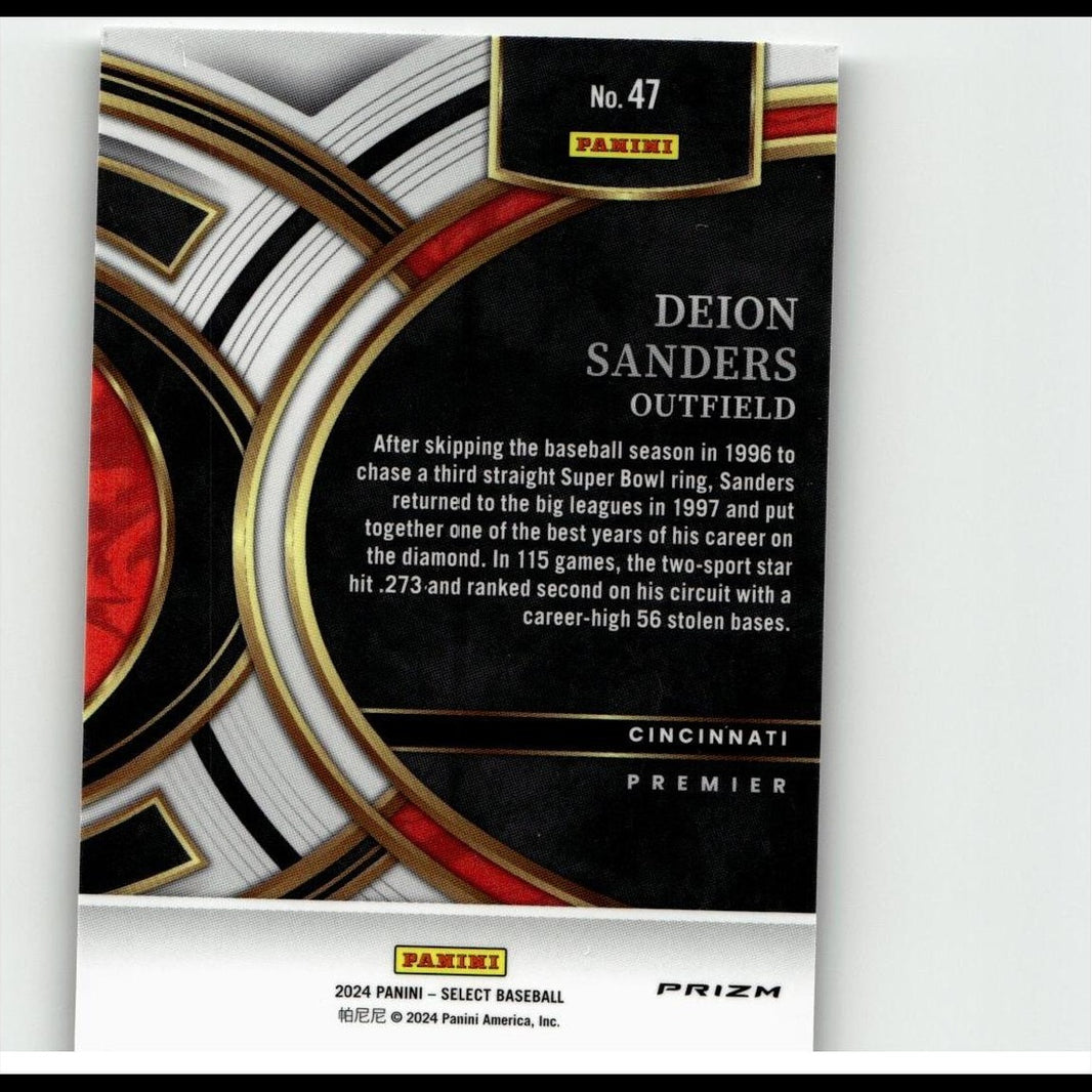 Black and red panini baseball trading card featuring deion sanders with gold accents, labeled as a 2024 select premier prizm edition.