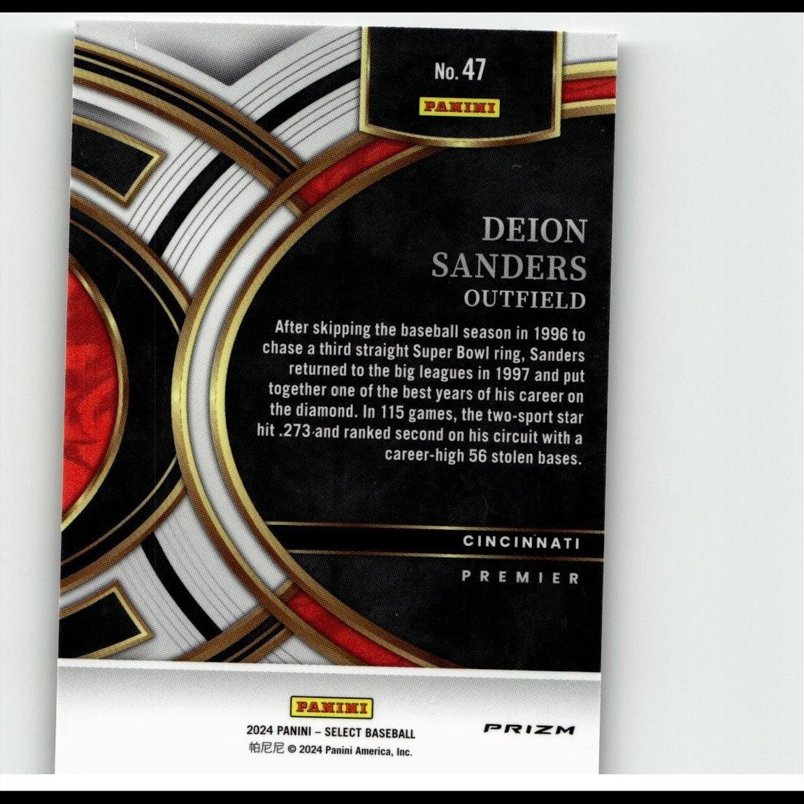 Black and red panini baseball trading card featuring deion sanders with gold accents, labeled as a 2024 select premier prizm edition.