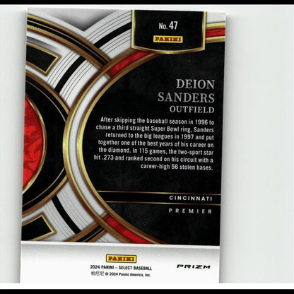 Black and red panini baseball trading card featuring deion sanders with gold accents, labeled as a 2024 select premier prizm edition.